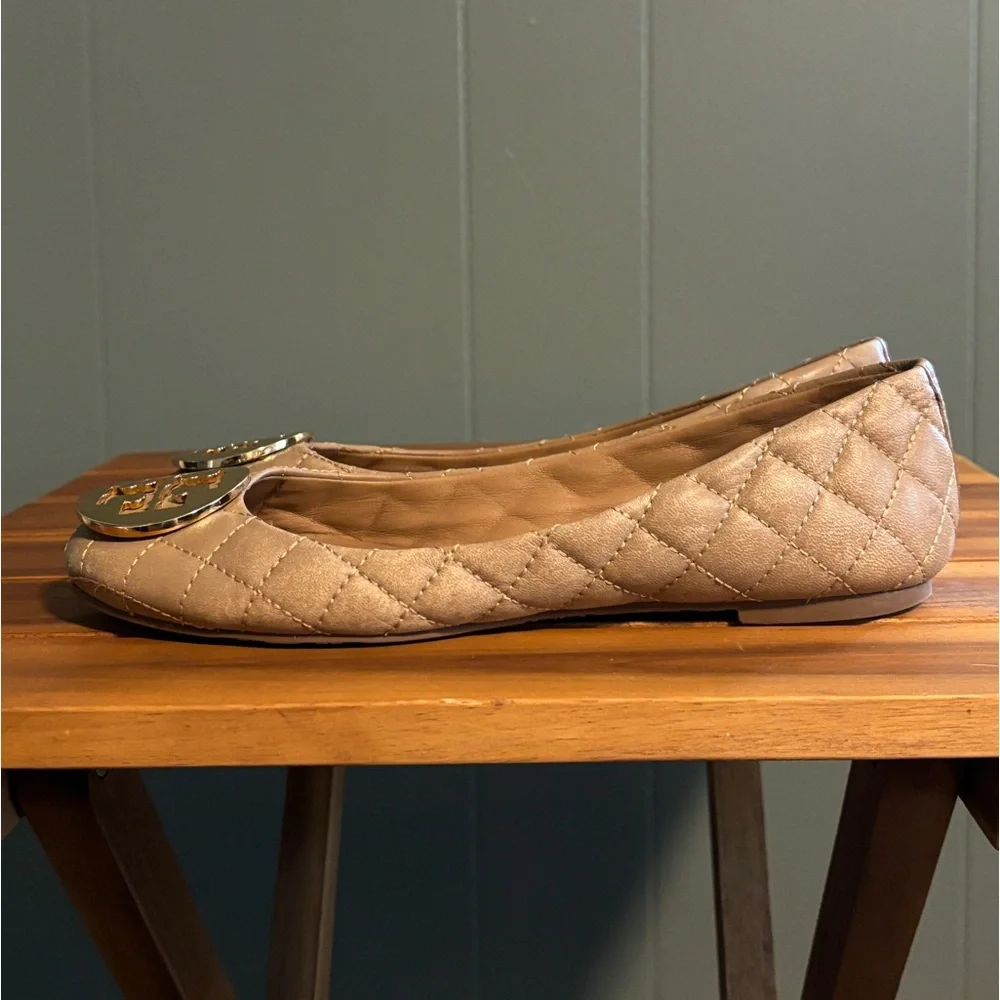 Tory Burch Quilted Taupe Leather Flats with Gold Logo Medallions